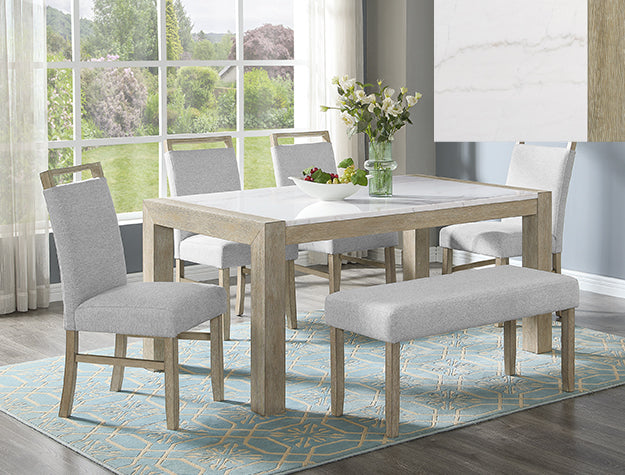 Hazel dining table with six matching chairs from BoxDrop Suwanee Hazel dining group, wood finish and modern design.