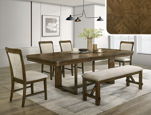 BoxDrop Suwanee Broadmoor dining group with a wooden table and six upholstered chairs, stylish modern dining set.