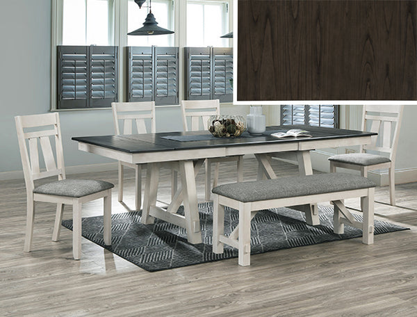 Maribelle 6-piece bedroom set with bench in warm grey, featuring modern design and fabric upholstery, by BoxDrop Suwanee.