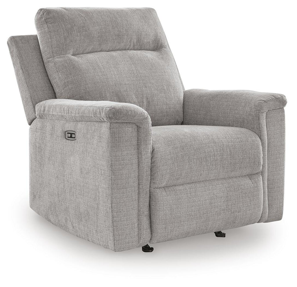 Ashley Barnsana Power Recliner with plush upholstery, visible in a closed position, showcasing a modern design and comfort features.