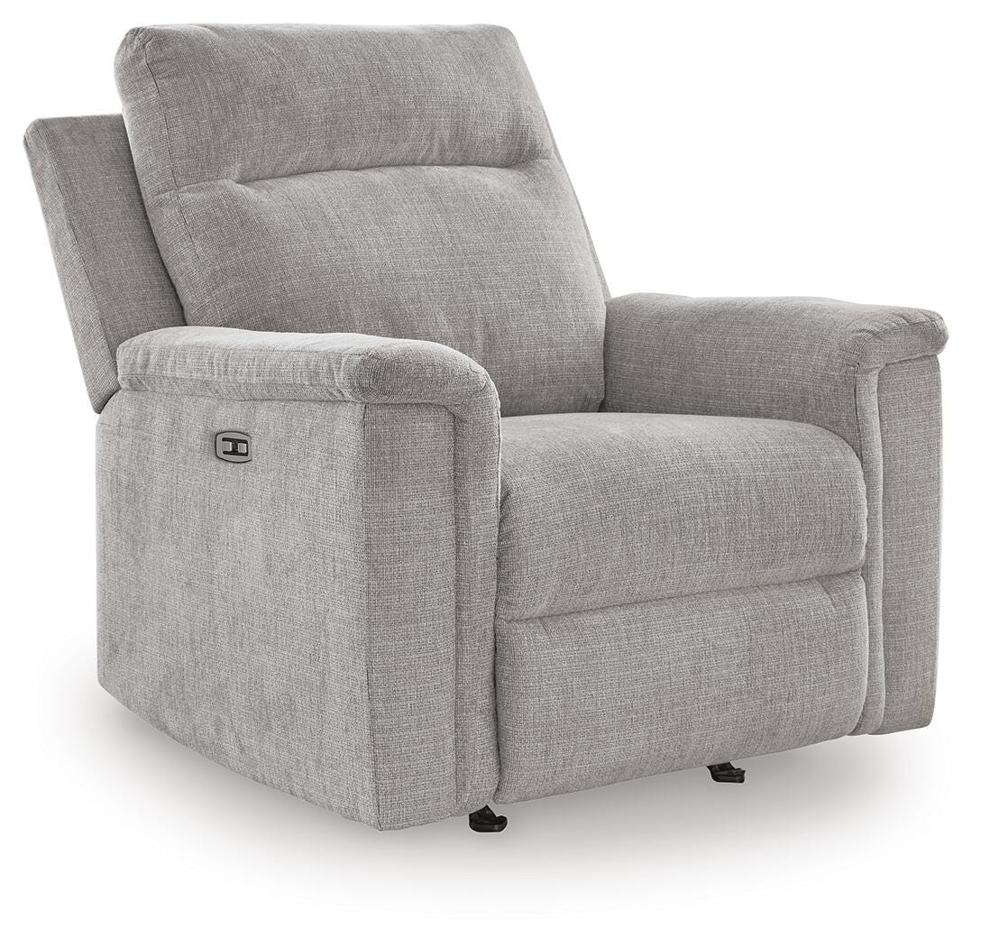 Ashley Barnsana Power Recliner with plush upholstery, visible in a closed position, showcasing a modern design and comfort features.