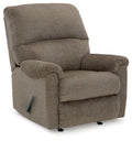 Ashley Stonemeade manual rocker recliner in dark brown leather with plush cushioning and a sturdy wooden base.