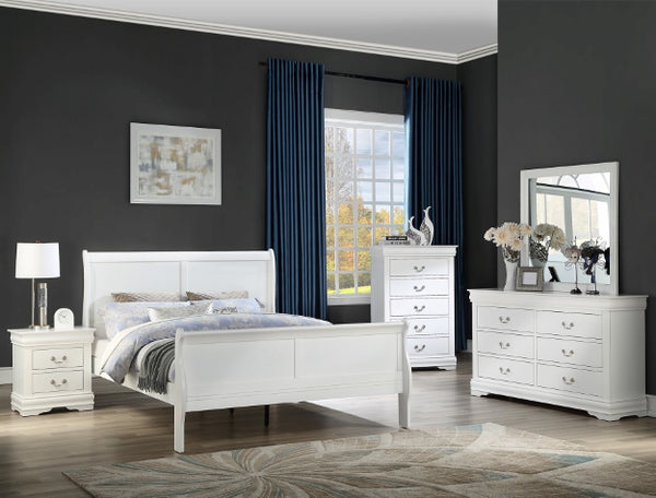 Louis Philip white bedroom group by Crownmark, featuring a classic bed frame and matching bedroom furniture in a bright white finish.