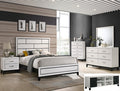 Crownmark Akeron chalk bedroom group includes a bed, dresser, and nightstands in a modern bedroom setting.