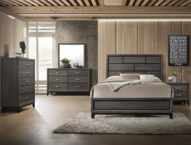 Crownmark Akerston grey bedroom group with bed, nightstands, and dresser in a modern bedroom setting.