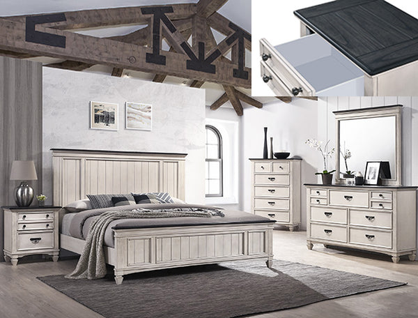 Crownmark Sawyer bedroom group includes a bed frame, dresser, and nightstand in a modern bedroom setting.