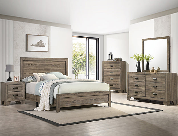 Grey Crownmark Millie bedroom group with bed frame, dresser, and nightstands, showcasing modern bedroom furniture set.