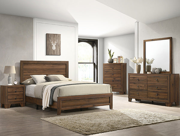 Brown cherry Crownmark Millie bedroom group with bed, dresser, and nightstands arranged in a stylish bedroom setting.
