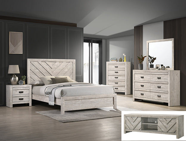 White Valor bedroom group by Crownmark, including bed frame and matching bedroom furniture, shown in a modern bedroom setting.