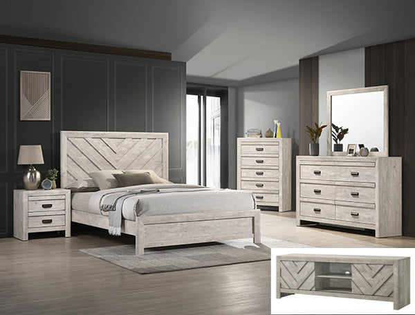 White Valor bedroom group by Crownmark, including bed frame and matching bedroom furniture, shown in a modern bedroom setting.