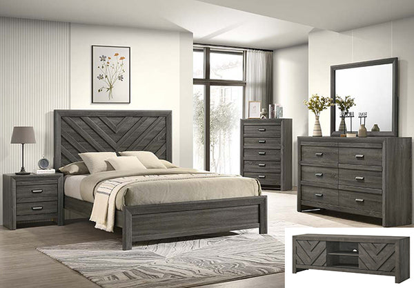 Crownmark Valor bedroom group in grey featuring a bed, nightstands, and dresser with modern design and sleek finish.