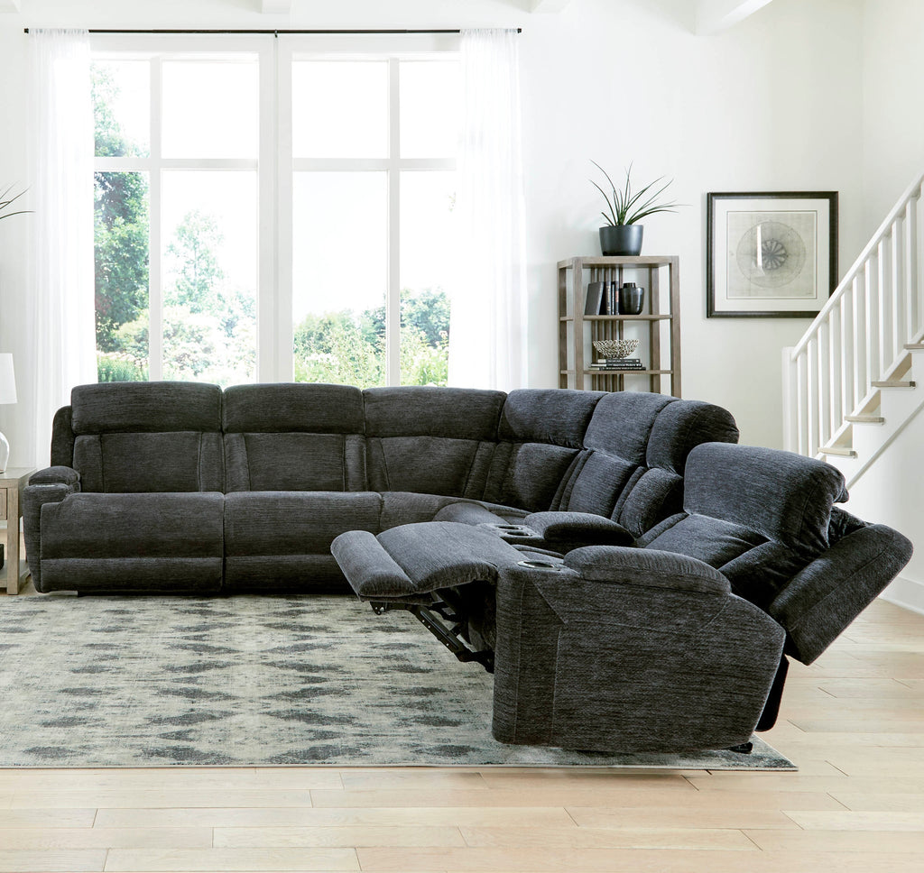 Six-piece Parker House power reclining sectional sofa with plush cushions and modern design in an open living room setting.