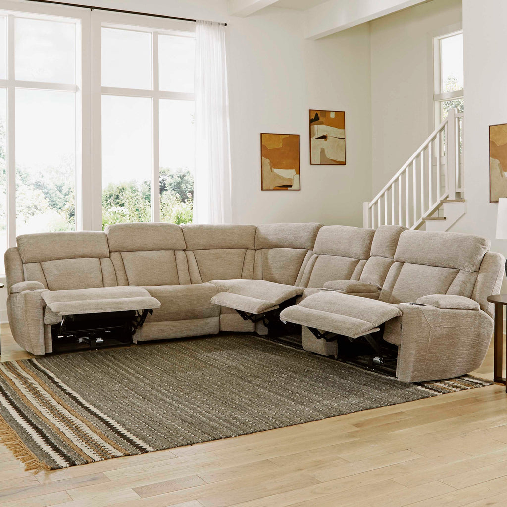 Open room view of Parker House 6-piece power reclining sectional sofa with plush cushions and modern design.
