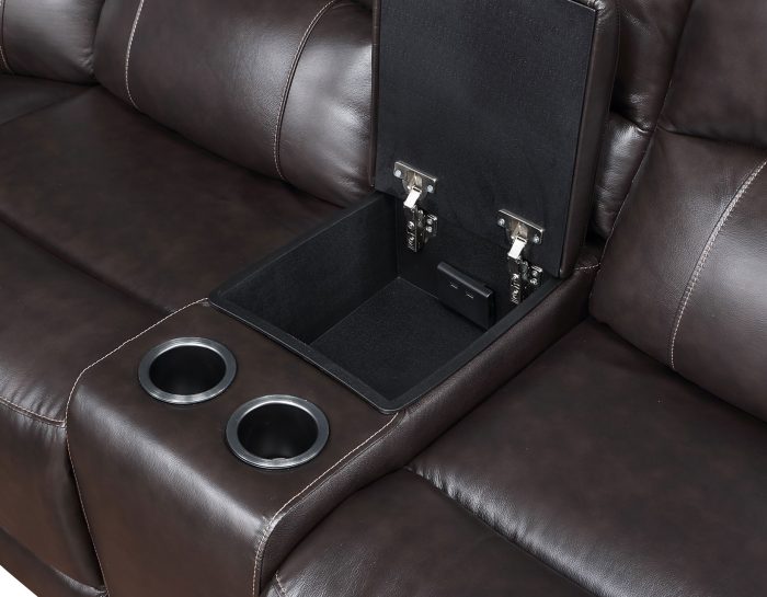 Six-piece brown leather power reclining furniture set by Steve Silver, including sofas and chairs with plush cushions.