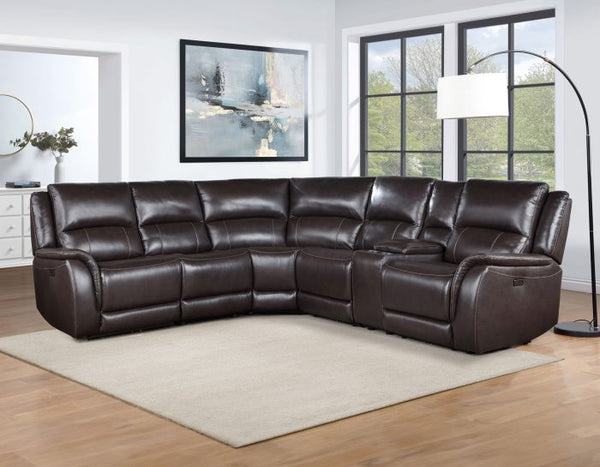 Brown leather 6-piece power reclining furniture set by Steve Silver, featuring plush cushions and modern design.