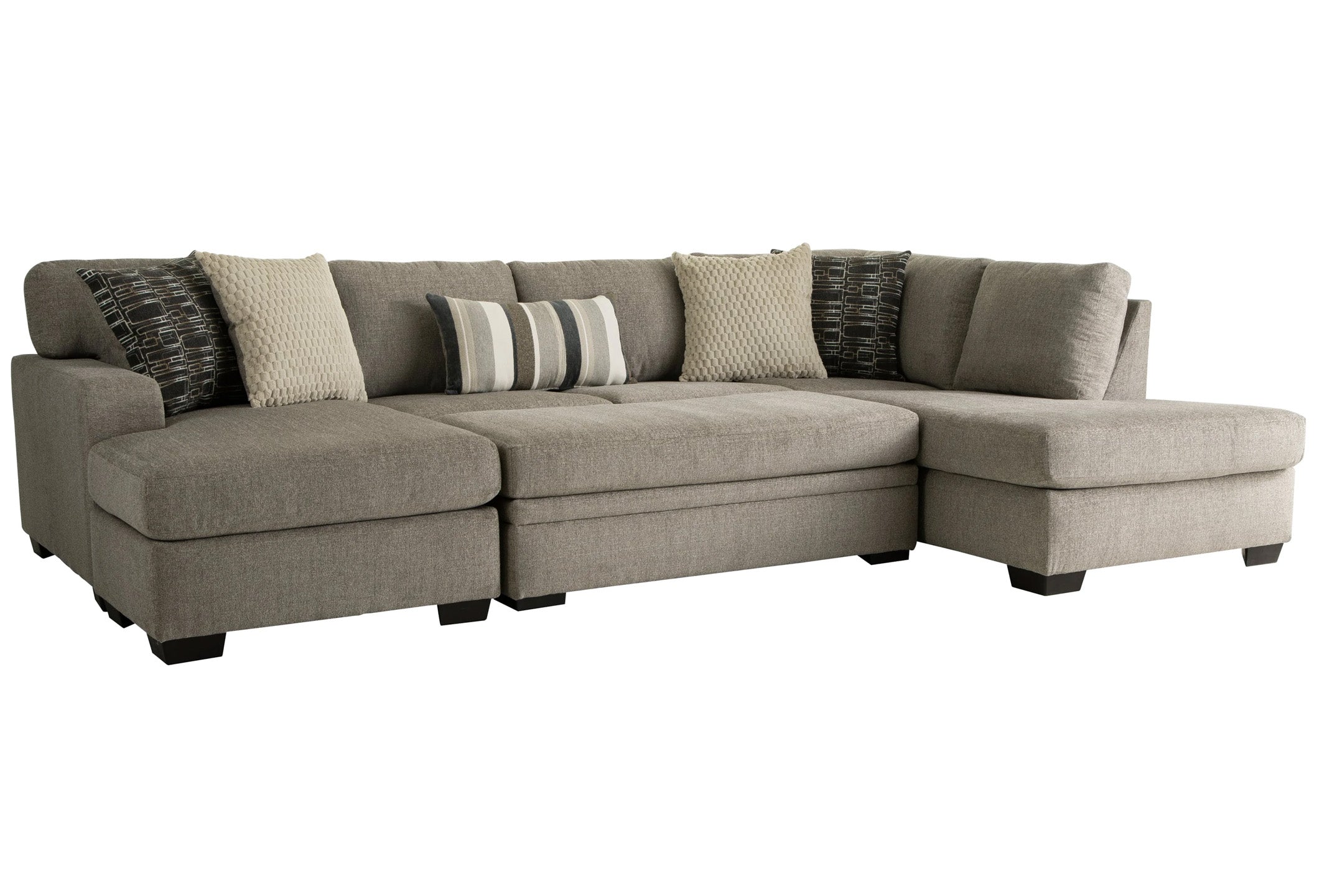 Brown U-shaped sectional sofa by Behold, featuring plush cushions and a modern design, shown in a cozy living room setting.